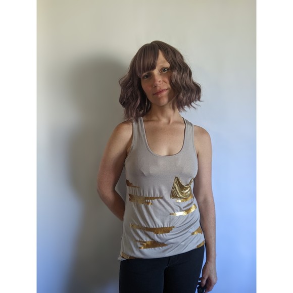 Gold sequined silver tank, sz M - Picture 6 of 7